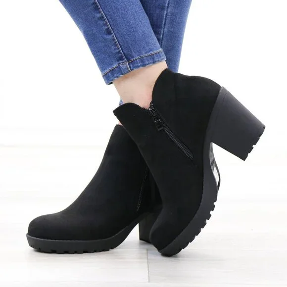 Black Chunky Heel Ankle Boots Suede Lug High Heel Booties - Picture 13 of 15